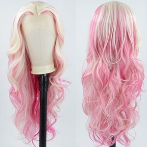 Long Wavy Lace Front Wig • Hot Pink & Platinum Skunk Stripe • 26” Synthetic Heat